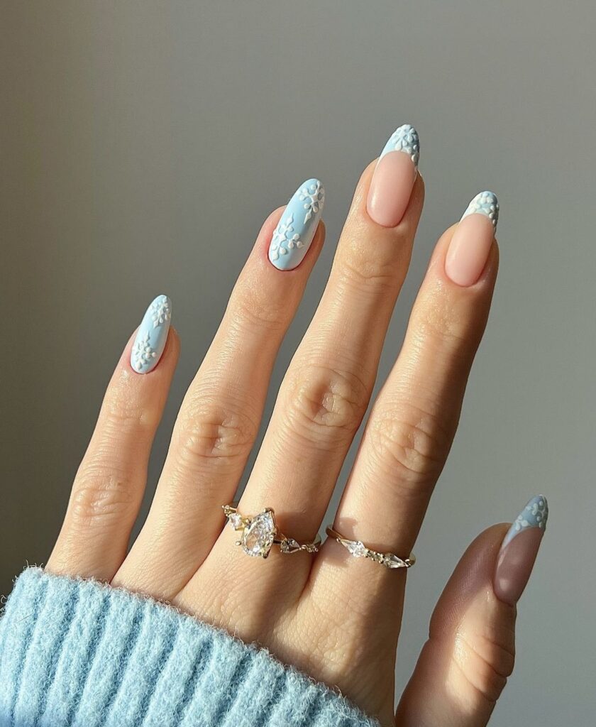 Winter nail design with white snowflakes on icy blue tips or full blue base.